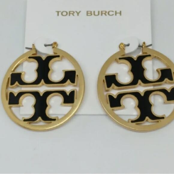 Tory Burch Gold and Black Enamel Logo Hoop Earrings NWT - Picture 5 of 8